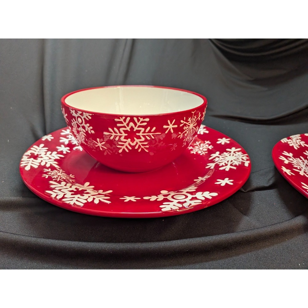 SET Royal Norfolk Dinner Plate (2)(/Bowls(2) Christmas-Red With Snowflakes - Picture 3 of 7